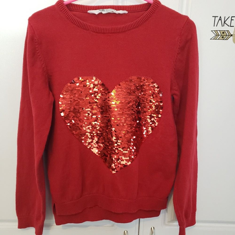 H&M Red Sequin Heart Long Sleeve Sweater